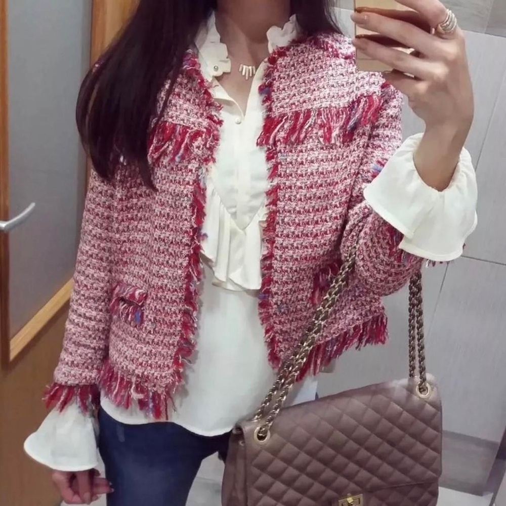 ZARA RED TWEED BLAZER JACKET FRAYED TRIMS FRINGE
